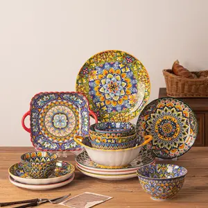 8-piece ceramic dinnerware set, Bohemian style, available in three colors, includes oatmeal bowl, pasta bowl, double-handled salad bowl, double-handled plate, side dish plate, microwave-safe and dishwasher-cleanable