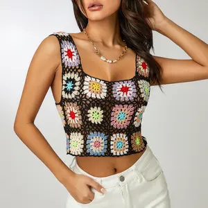 Women´s Summer Sleeveless Tops Colorful Hand Crochet Embroidery Openwork Knit Tank Tops