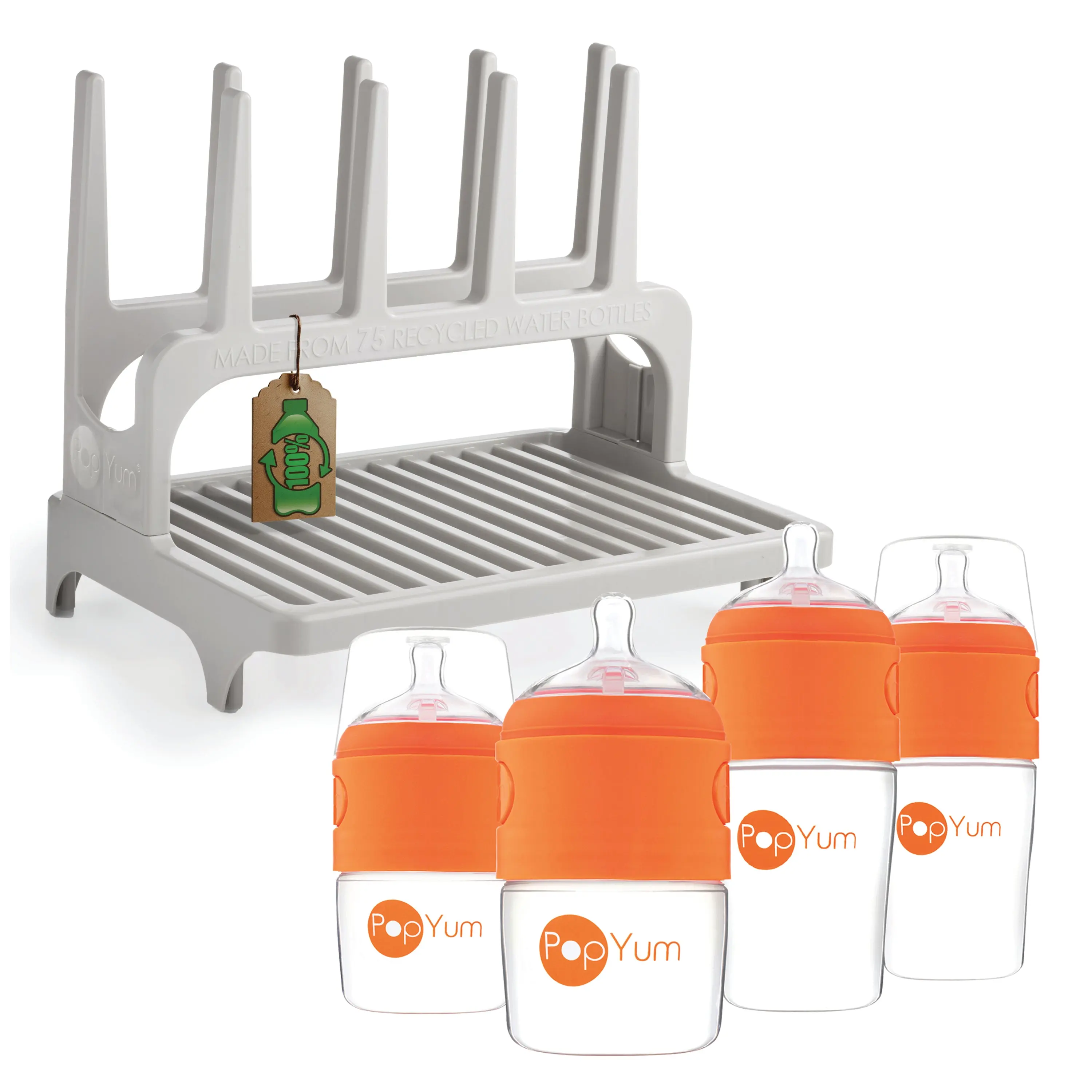 PopYum Orange Formula Making Baby Bottle 4-Pack Set with Gray Drying Rack Bundle