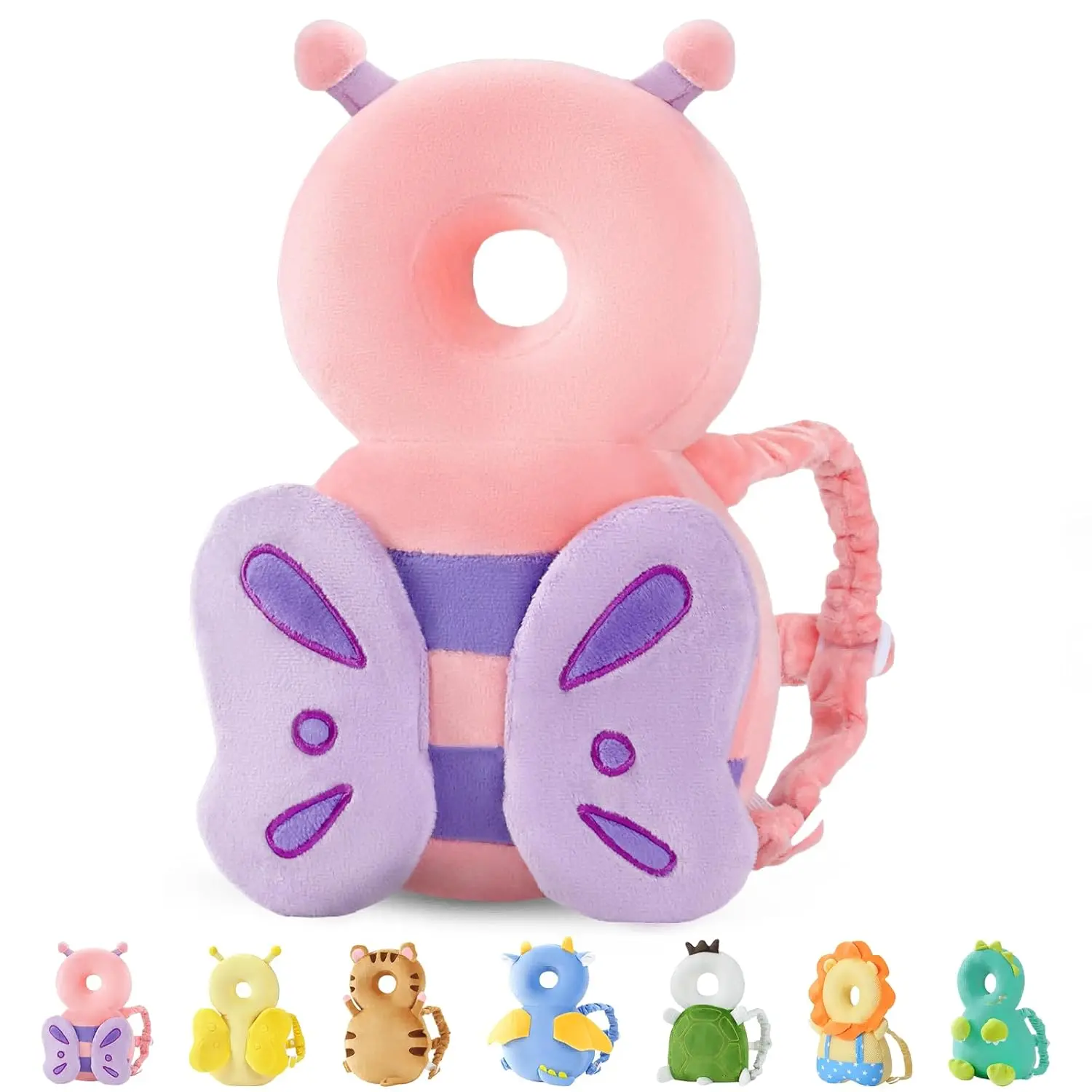 Toddler Head Protector Backpack for Babies 0-2 Years, Cartoon Pink Butterfly Animals Design, Lightweight Polyester and Soft Cotton Fall Safety Gear, Machine Washable