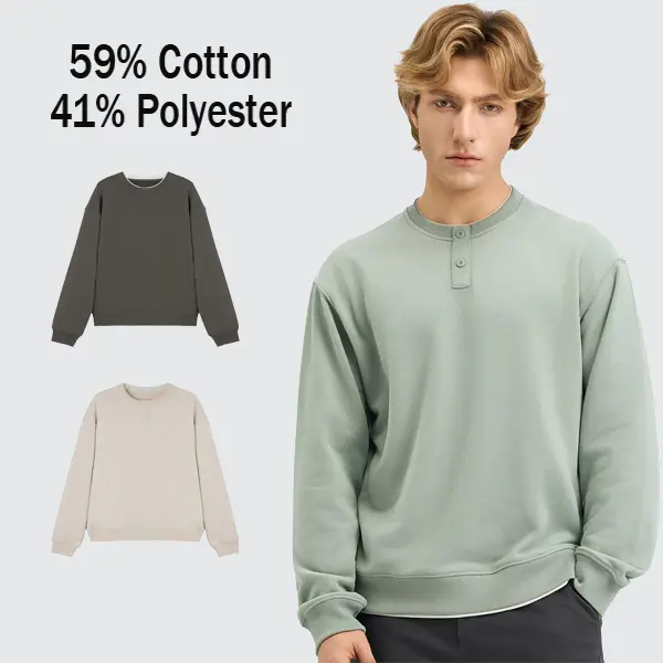 MegaT Men's Basic Plain Ribbed Henley Sweatshirt - Loose-Fitting Midweight French Terry Cotton Blend Pullover, Non-Stuffy Warmth, Vintage Casual, Plush Yarn Layered, Wrinkle-Resistant, Soft Durable, XS-3XL Extended Sizes