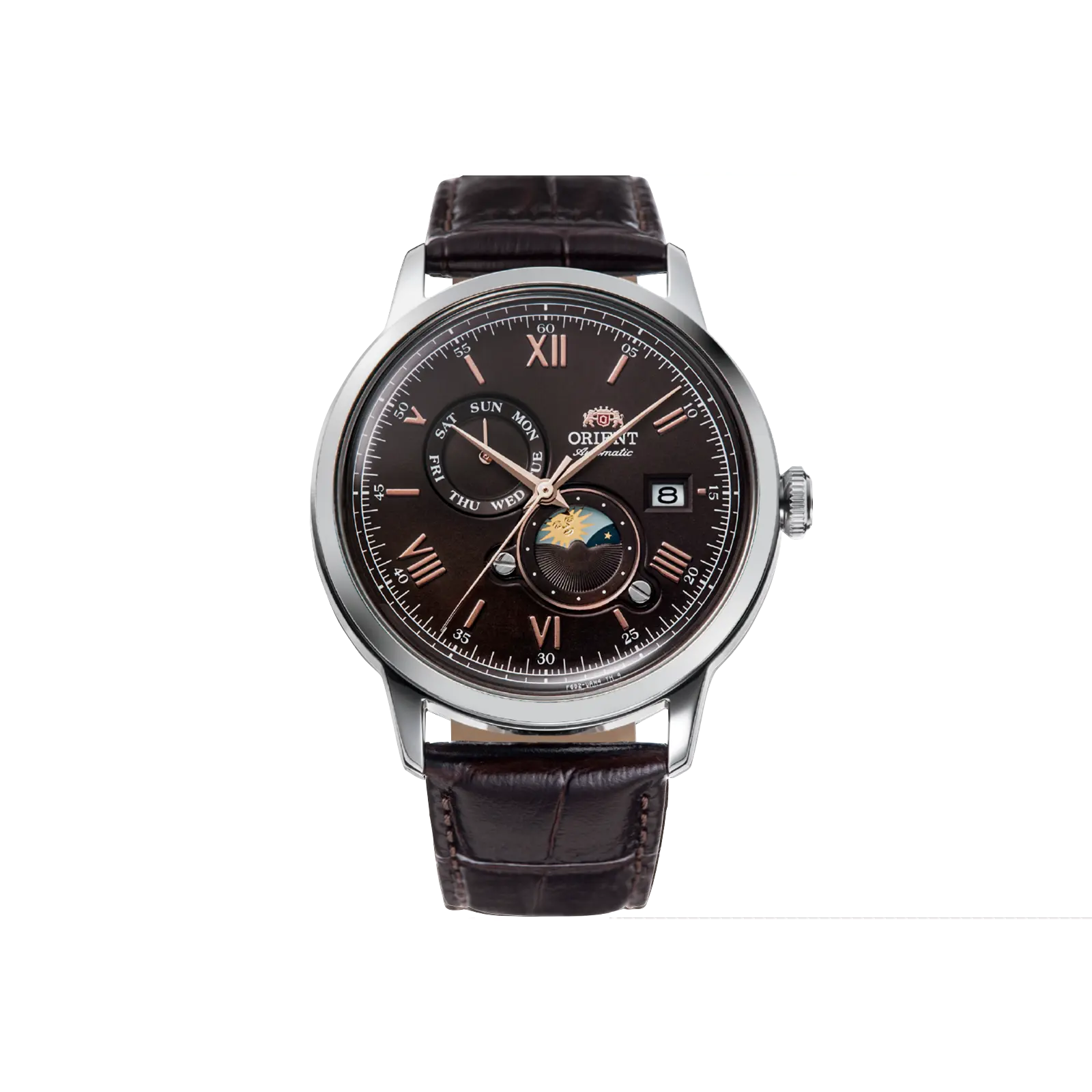 Orient Bambino V9 Men's Analog Mechanical Automatic Dress Watch - 41.5mm Stainless Steel Case, Brown Dial with Day-Date Subdials, Leather Strap, RA-AK0804Y30B, Automatic Watches, Analog Mechanical Watches