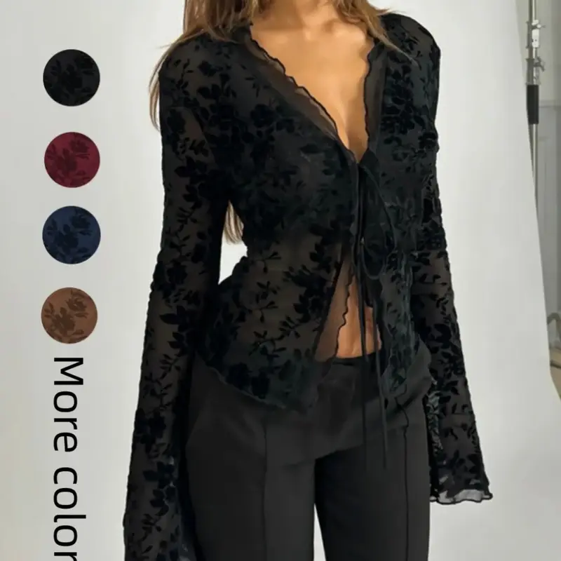 Elegant Aesthetic Floral Slim-Fit Ruched Flounce Flared Sleeve Top for Women, Sexy Transparent Mesh Top for Spring & Fall, Clothes, Fabric, Flare Sleeve Blouse