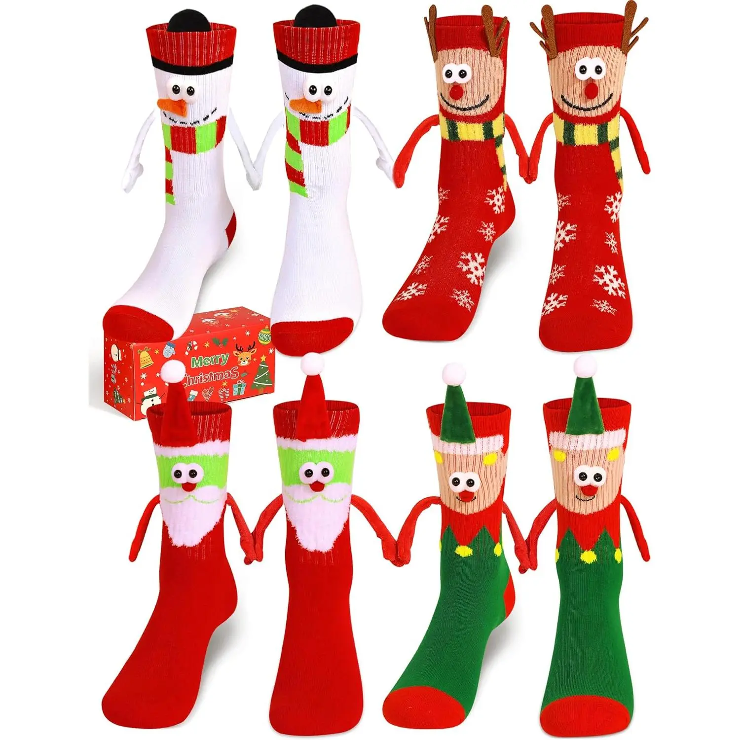 X-SOK09   4 Pairs Funny Christmas Socks, Magnetic Hand Holding Socks, Christmas Stocking Stuffers for Women Men Couples, White Elephant Exchange Gifts, Xmas Secret Santa Gag Gifts