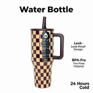 HydroJug 40oz Insulated Checkered Stainless Steel Tumbler - Purple & Beige Checkerboard, Sturdy Wide Mouth, Portable with Handle & Lid, Kitchenware Drinkware Vacuum Flask