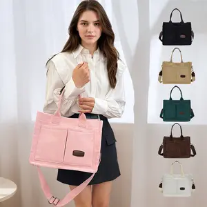 Women's Solid Color Corduroy Tote Bag Trendy Multi Pockets Shoulder Bags Top Handle Medium Bag for Daily Use