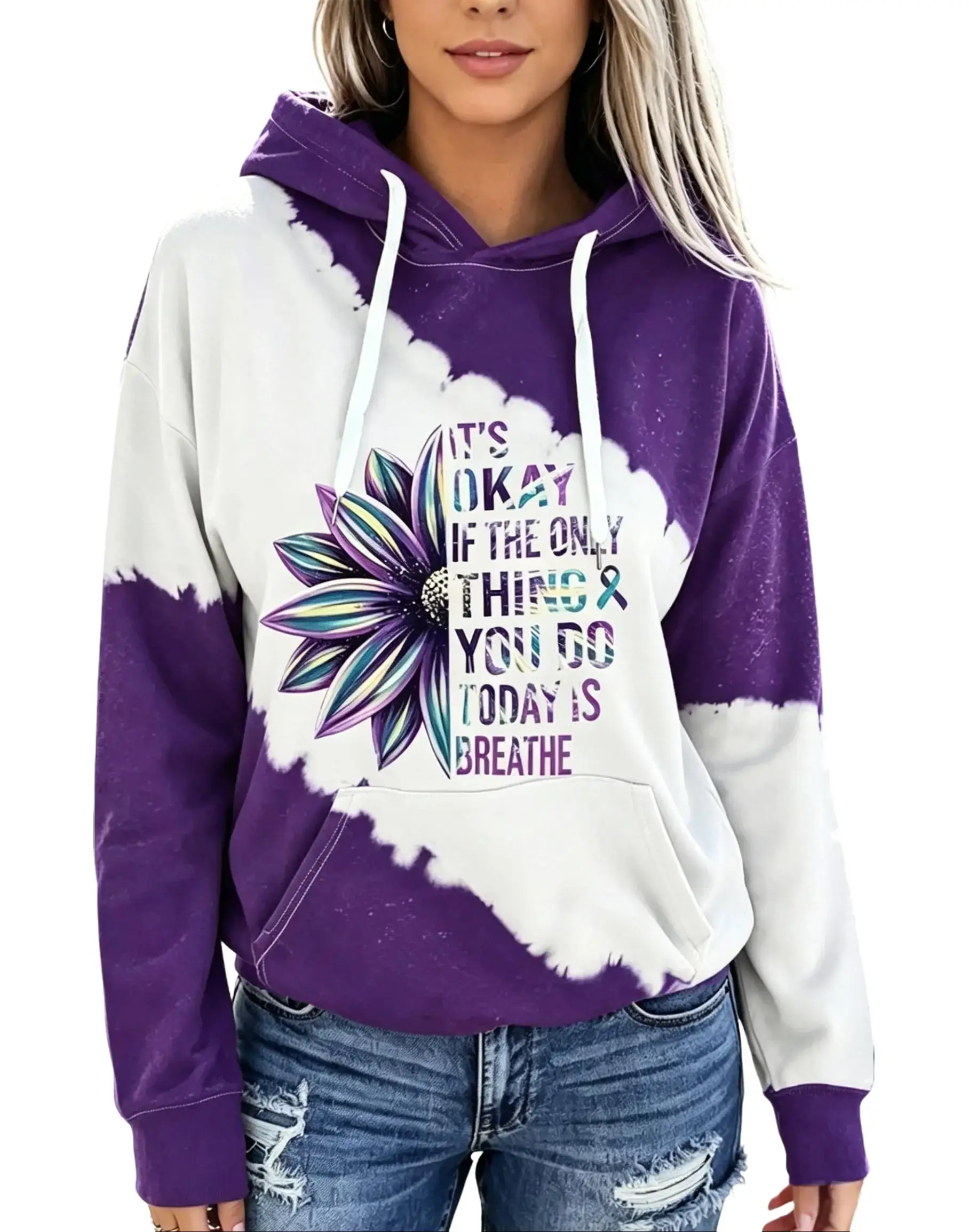 Women's Purple White Tie-Dye Hooded Sweatshirt Featuring Vibrant Multicolor Sunflower Art & 'It's Okay If The Only Thing You Do Today Is Breathe' Motivational Text – Long Sleeve Drawstring Hoodie with Front Pocket