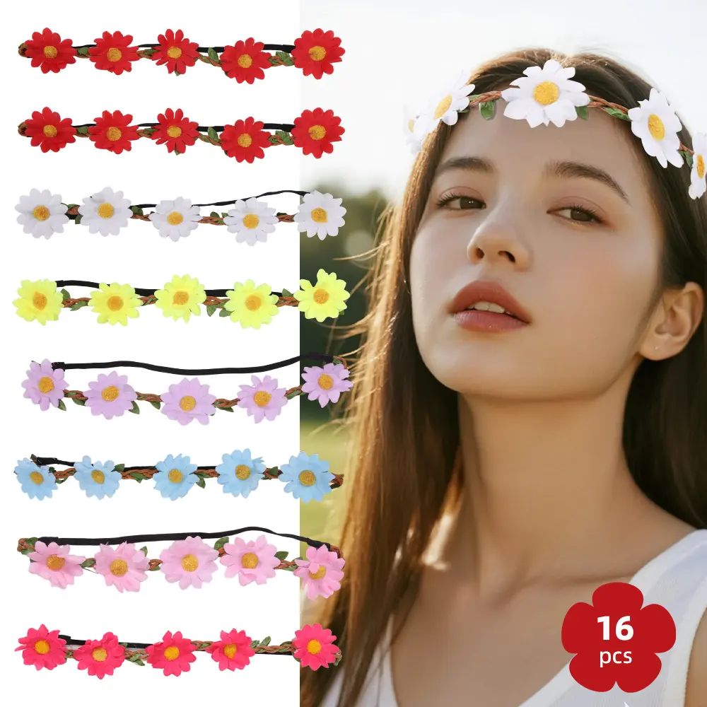 Flower Crowns For Women,16 Pieces Multicolor Daisy Flower Headband Hippie Headbands For Women Girls With Adjustable Elastic Ribbon Floral Garland Headbands For Festival Wedding Party