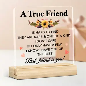 Acrylic Quote Plaque with Wooden Stand, Transparent Desk Gift, Inspirational Decor for Friends, Birthday & Office Display, Signs, Wooden Home Sign
