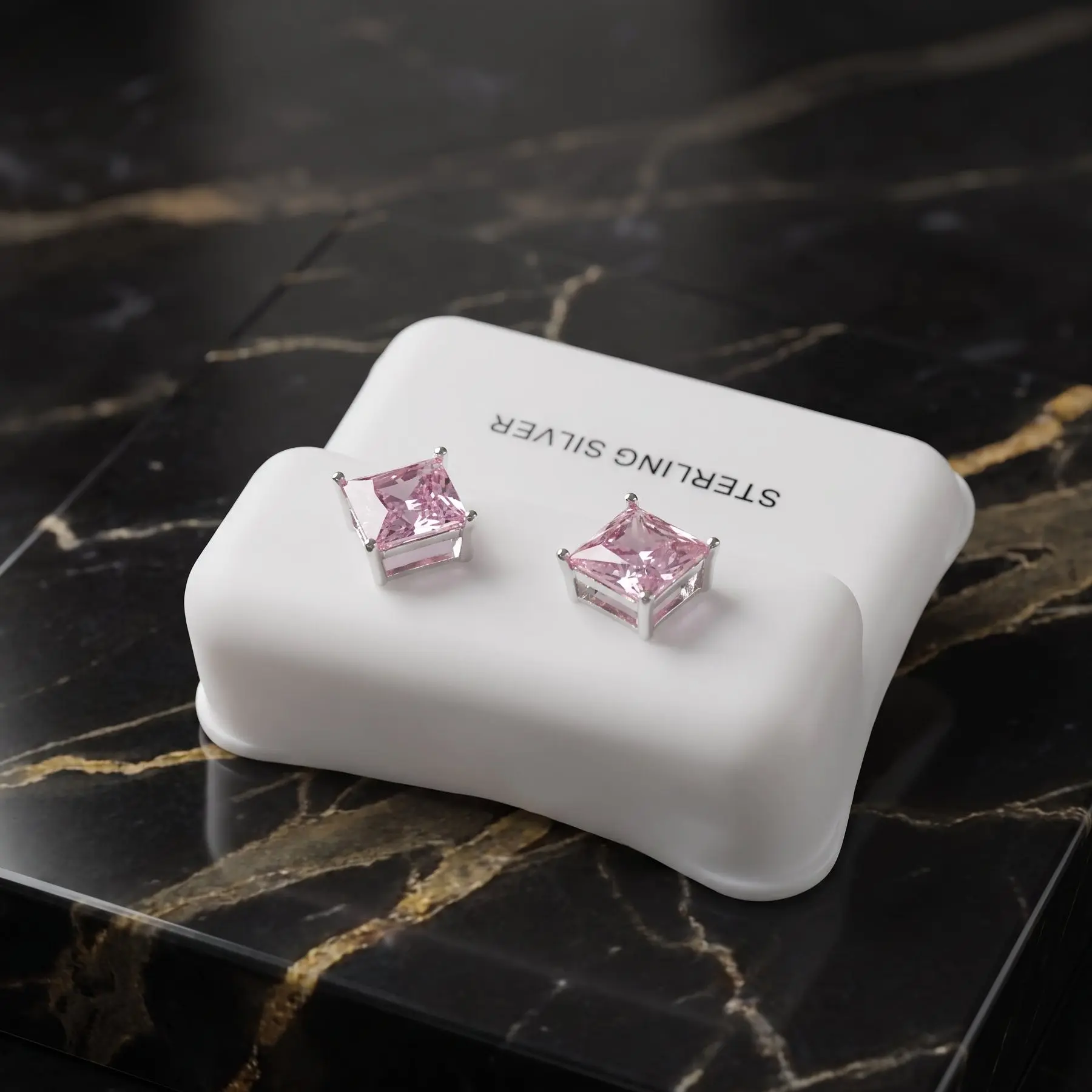 Pink Sapphire Cz Earrings Square Princess Cut 925 Silver