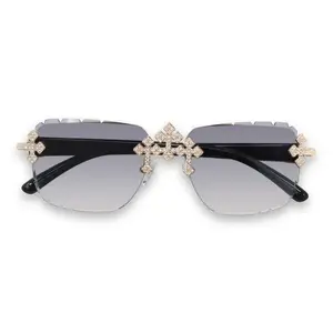 Rimless Cross Sunglasses  Sparkling CZ Cross, UV400 Protection for Men & Women