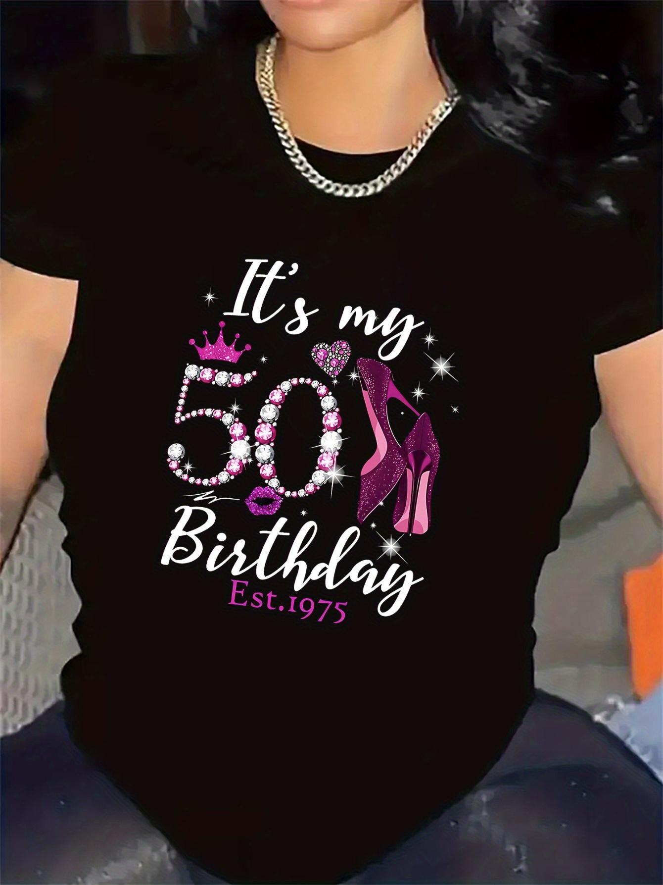 Women's 50th Birthday T-Shirt - Sparkly Rhinestone-Style Number 50 & "It's My Birthday" Print with Name/Year Personalization Option - Round Neck Short Sleeve Party Outfit for Milestone Celebrations (Black, Machine Washable)