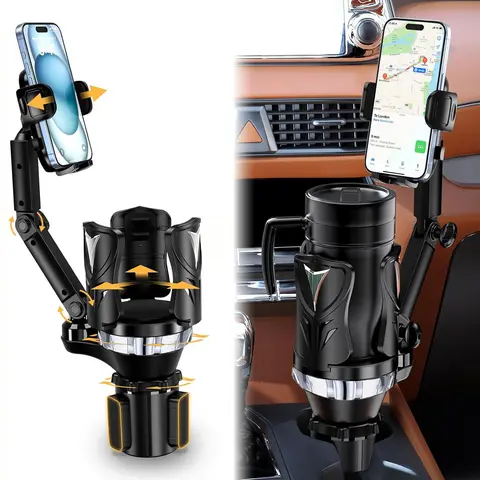 2-in-1 Car Phone Mount Cup Holder Expander - Long Arm, 360° Rotation, Car-Safe Compact Phone Mounts & Holders, Fits Up to 5.31'' Drinks/Mugs/Foods, Compatible With Most Smartphones, Phone Holder For Car, Car-Safe Mounts & Holders
