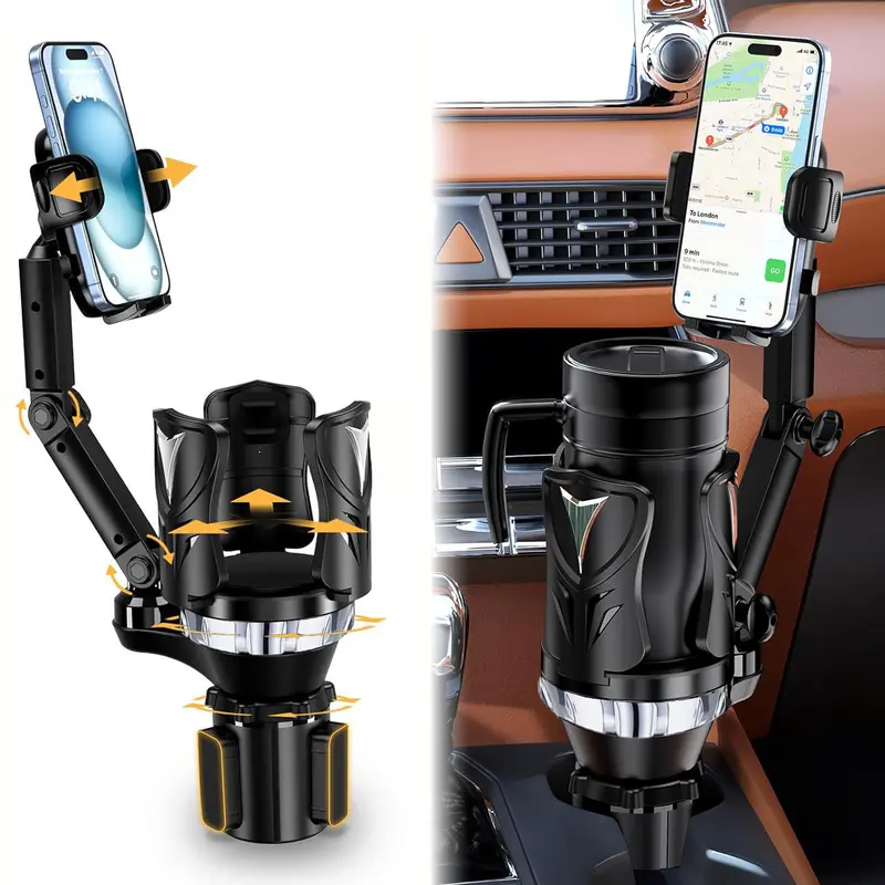 2-in-1 Car Phone Mount Cup Holder Expander - Long Arm, 360° Rotation, Car-Safe Compact Phone Mounts & Holders, Fits Up to 5.31'' Drinks/Mugs/Foods, Compatible With Most Smartphones, Phone Holder For Car, Car-Safe Mounts & Holders