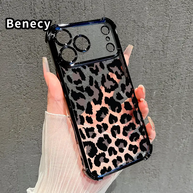 Leopard Pattern Shockproof TPU Cellphone Case - 4-Corner Anti-Fall Protection, Transparent Electroplated Casing, Flexible Shell with Easy Grip, Anti-Slip Surface & Raised Edges for iPhone 17,16 Pro Max,15 Plus,14,13,12,11,E,Air