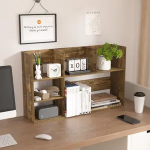 Rustic Brown Desktop Bookshelf, Adjustable Freestanding Desk Organizer Shelf, Multi-Tier Wood Desktop Storage Rack for Office, Dorm, Bedroom, Easy Assembly
