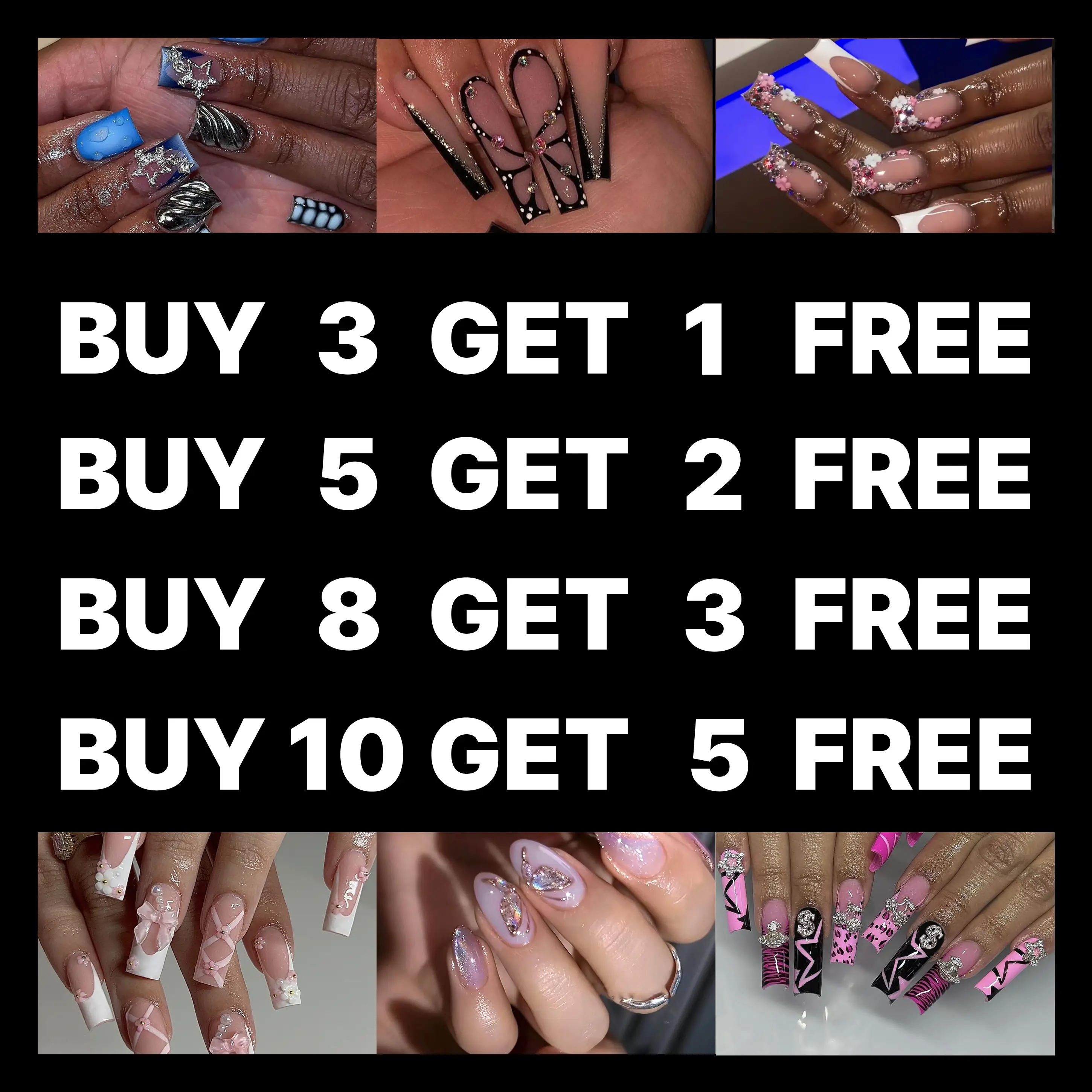 Buy 10 Get 5 Free! [Machine-Made] 24pcs Press-On Nails with Rhinestones & Flowers – French Style Glue-On Nails for Women & Girls Full Cover Shiny Glit