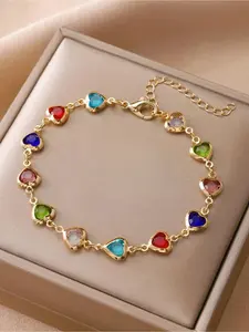 Colorful Heart Design Link Seven Colored Golden Tone Bracelet, Heart Shaped Bracelet, Rhinestone Decor Elegant Jewelry High Quality Bracelet for Party, Trendy All-match & Exquisite Jewelry for Birthday Gift, Heart Charm Bracelet