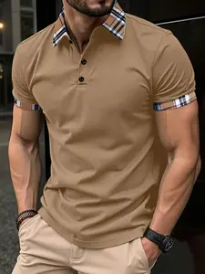 Trendy Plaid Trim Men's Casual Streetwear Short Sleeve Polo Shirt, All-Season Slim-Fit, All over Print, Perfect for Daily Wear