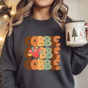 Gobble Gobble Thanksgiving Sweatshirt for Women Cute Turkey Fall Crewneck Cozy Autumn Outfit Gift Long Sleeve Relaxed Fit 50% Cotton 50% Polyester Blend Matching Family Sweaters