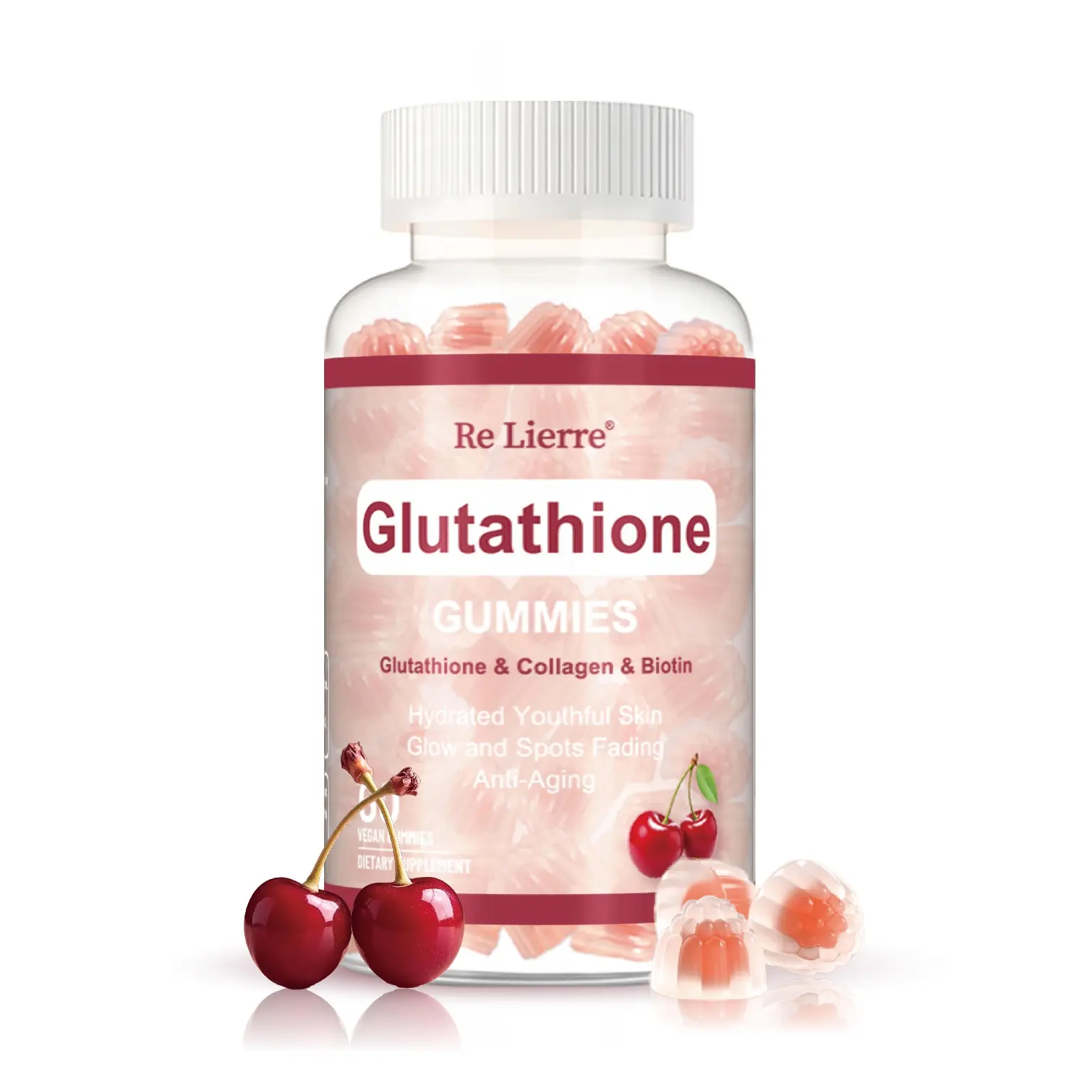 Re Lierre Cherry Flavor Collagen Glutathione Chewable Dietary Gummies - Women's Beauty Skin Care Supplement, Skin Brightening, Anti-Aging, Hair/Nail Support, 60 Count