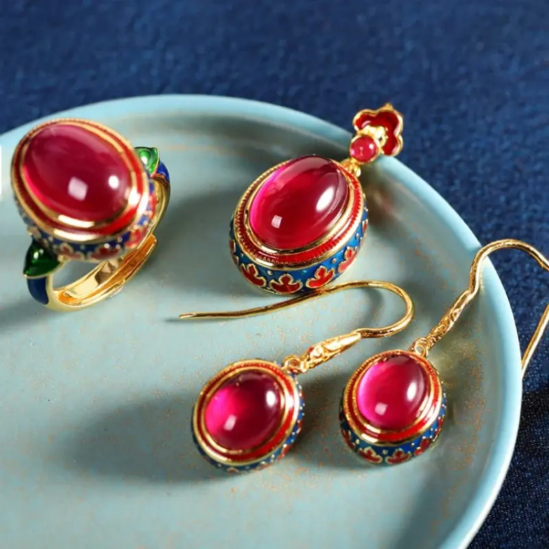 Quaint Natural carnelian rings for women Enamel national style Original ancient gold craftsm flower light luxury Wedding jewelry