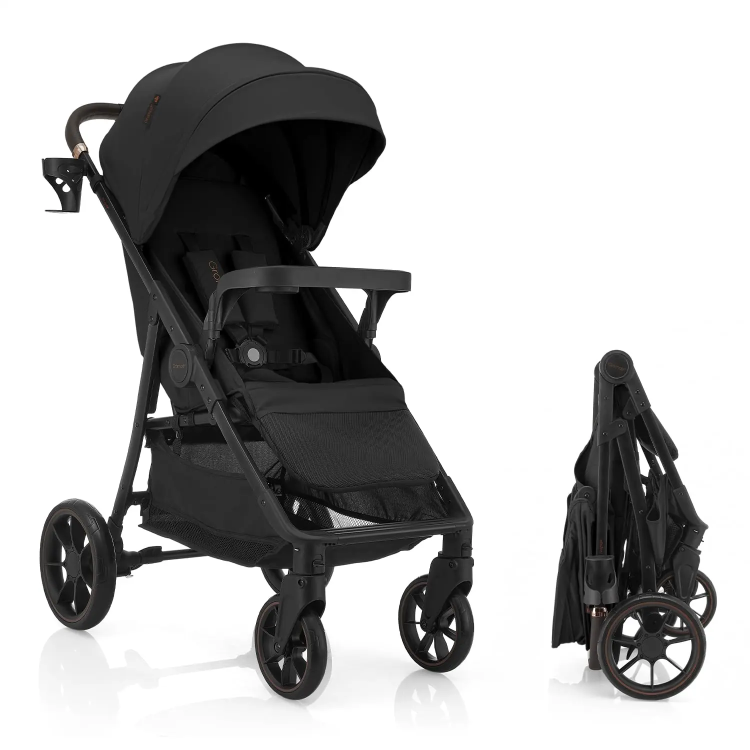 Gromast Baby Stroller with Detachable Snack Tray, Oversized Seat for Newborn to 4 Years, One-Hand Fold Travel Stroller w/Big Wheels, Adjustable Backrest, UPF 50+ Canopy & Cup Holder - Black