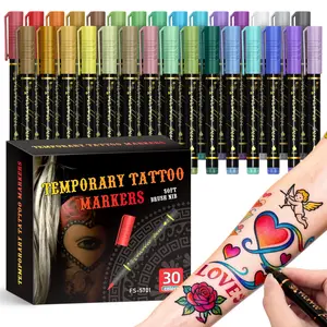 Temporary Tattoo Markers for Skin, 10/15/30-Count Body Markers 10/15/30 Colors Tattoo Pens, Tattoo Stencils,Flexible Brush Tip, Bright colors, Face Paint Kit Cosmetic Quality, High Pigment Halloween makeup