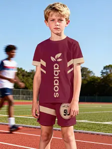 Burgundy vintage sports style two-piece boys' kids' set, short-sleeve shirt and shorts set, 100% polyester casual loose fit set, summer fun printed pattern, outdoor sports T-shirt set, perfect gift for boys