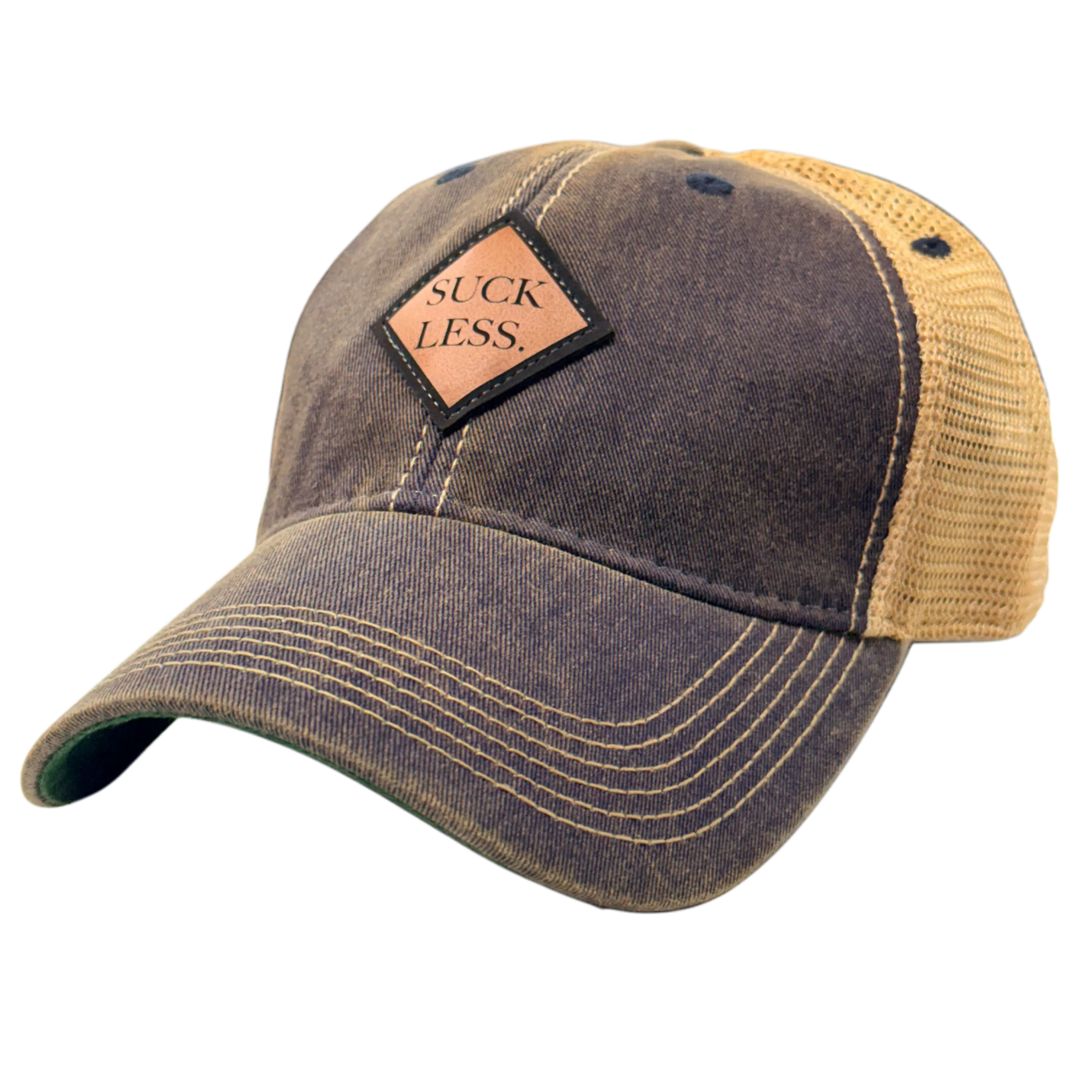 SUCK LESS HAT-Snapback Hat, Leather Patch, Full Curve Visor, Mesh Backing, Adjustable Snap