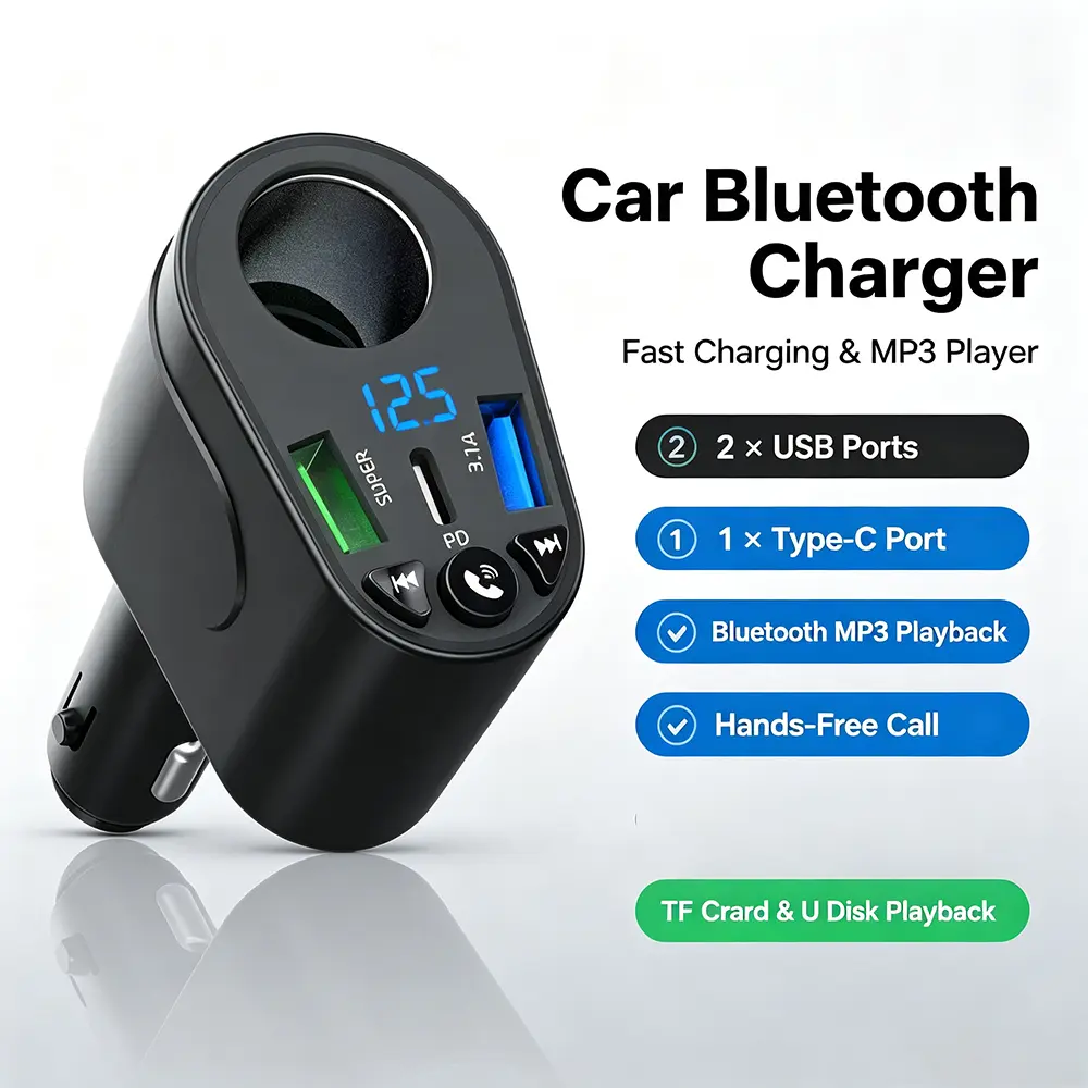 1-to-4 Car Power Adapter, Multi-Function Car Charger with Voltage Display, Damage-Free MP3 Music Player, and Multi-Function Car Expansion