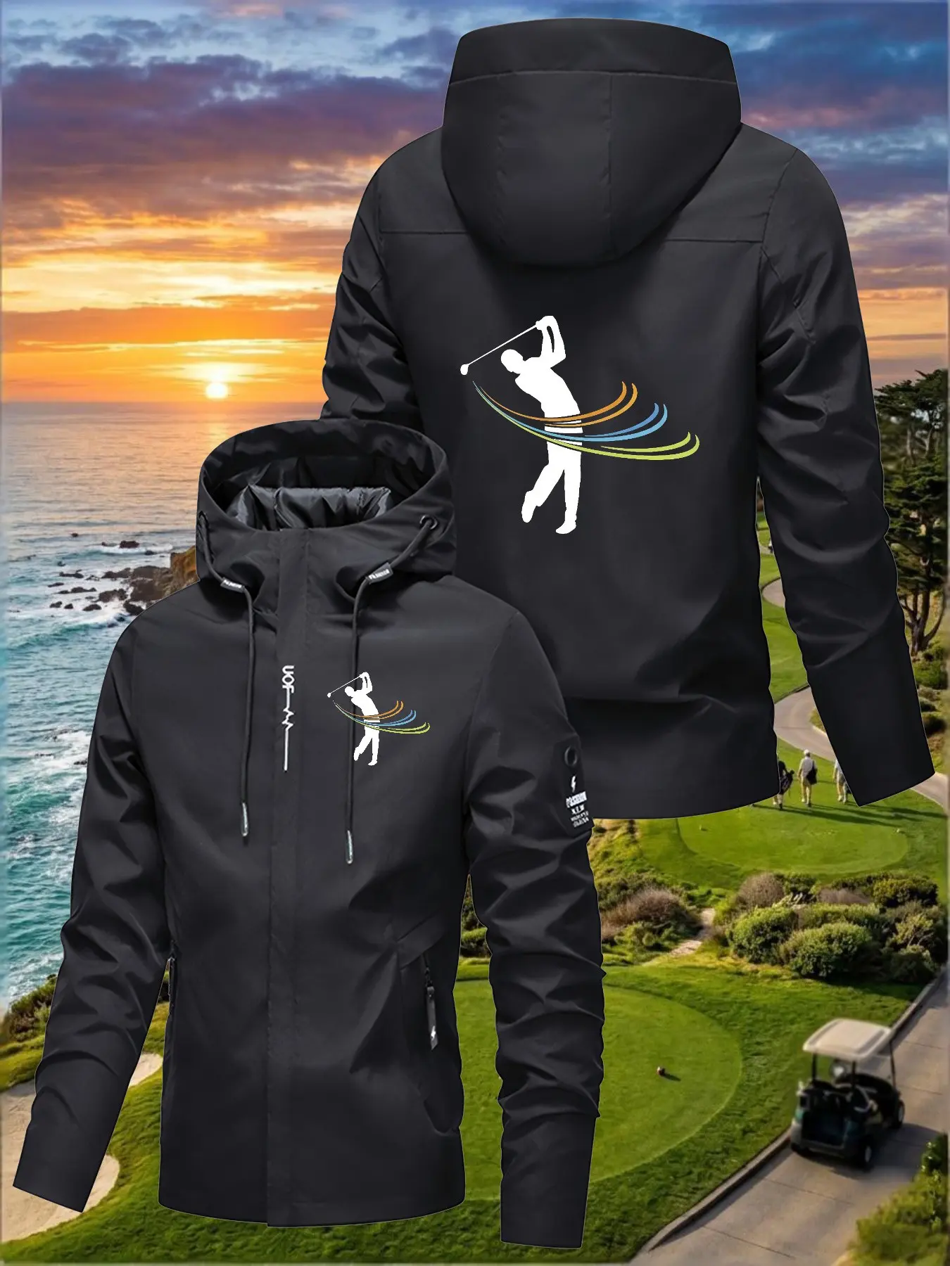 Men's Spring & Fall Windbreaker Jacket, Durable Breathable Golf Swing Print, Loose Fit Casual Outerwear, Perfect Gift for Golf Enthusiasts