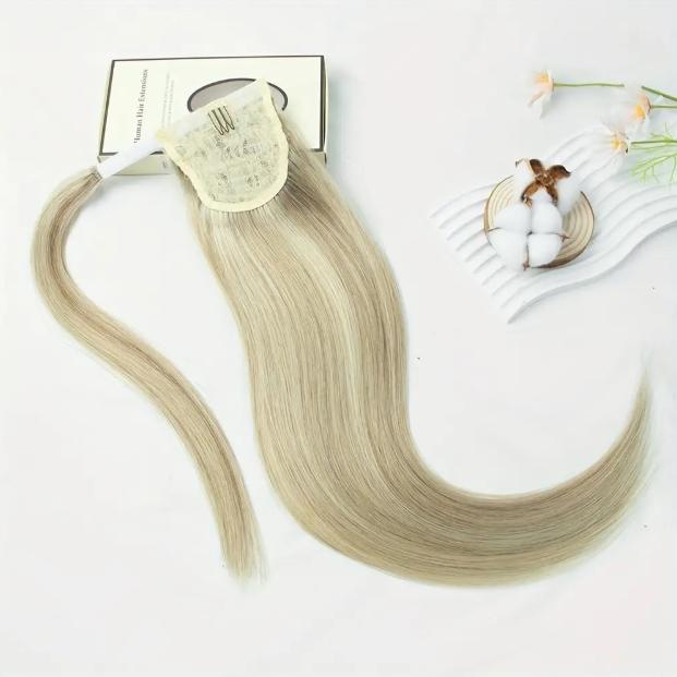 LuxeHair Straight Drawstring Ponytail Hairpiece, 100% Real Human Hair, Highlight Blonde, Clip-In Design, Natural Look, 10-28 Inch, Easy Wear & Adjustable, Versatile Styling for Women