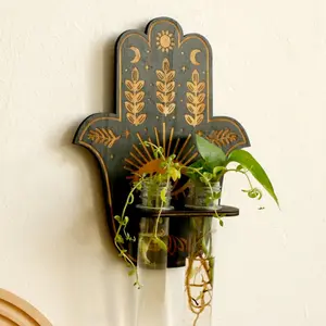Hamsa Hand Shaped Wall Vase, Boho Evil Eye Decor for Home, Wooden Propagation Holder with 2 Plastic Tubes, Home Decor for Living Room Bedroom, Ornaments, Wall Mounted Vase