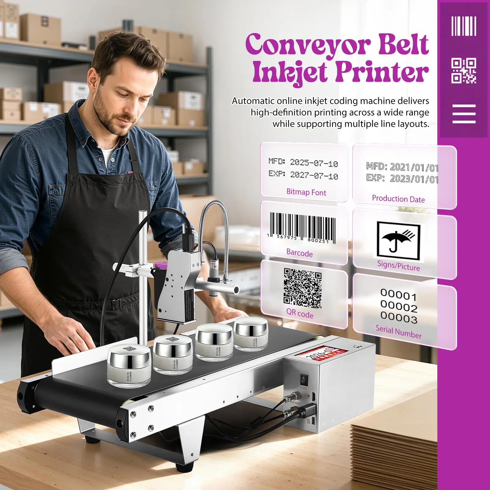 Inkle Industrial Inkjet Coding Machine with Stainless Steel Auto-Conveyer, 600DPI Resolution, Horizontal & Vertical Printing, 1-5 Line Marking for Date, Batch Code, Packaging