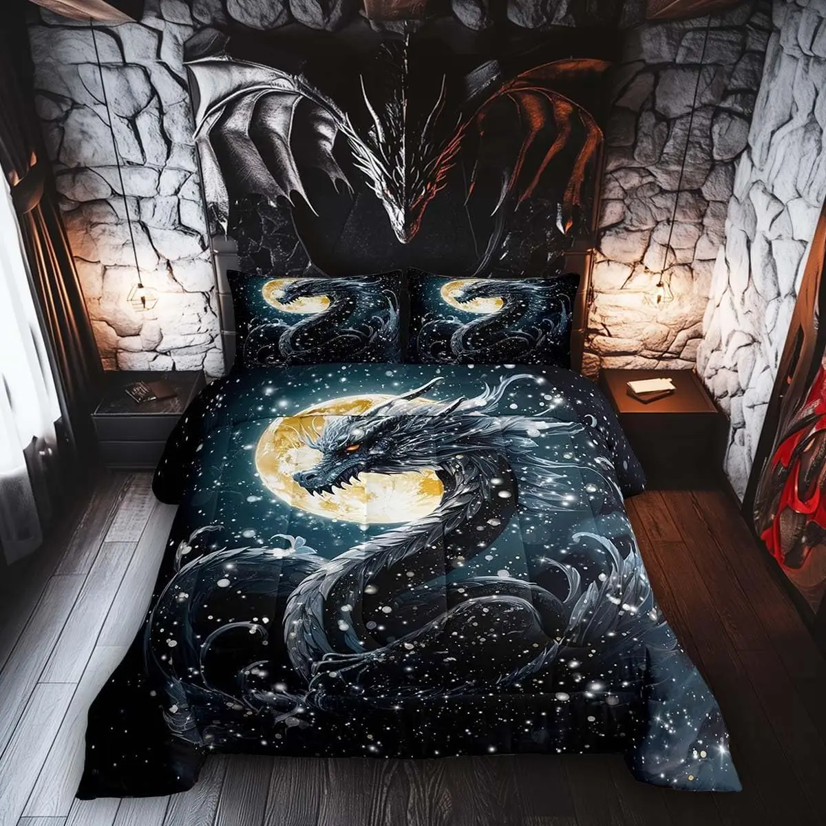Black Dragon Comforter Set,Dragon Pattern Bedding Set Women,Adults Sky Moon Comforter,Cool Dragons Quilted Duvet Set Bedroom Collection