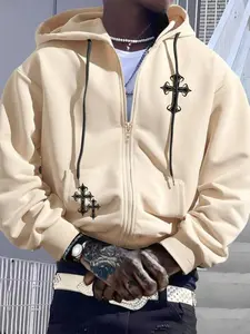 This men's printed drop-shoulder zip-up hoodie features a stylish and casual regular fit with drawstring pockets, making it suitable for everyday wear, vacations, and outdoor activities.