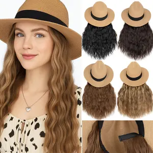 Womens Wide Brim Sun Hat Straw Sun Hats with Hair Extensions Wavy Hair Detachable Adjustable Cap curly Body Wave Synthetic hair 16inch Long Foldable for Women Summer Beach Outdoors