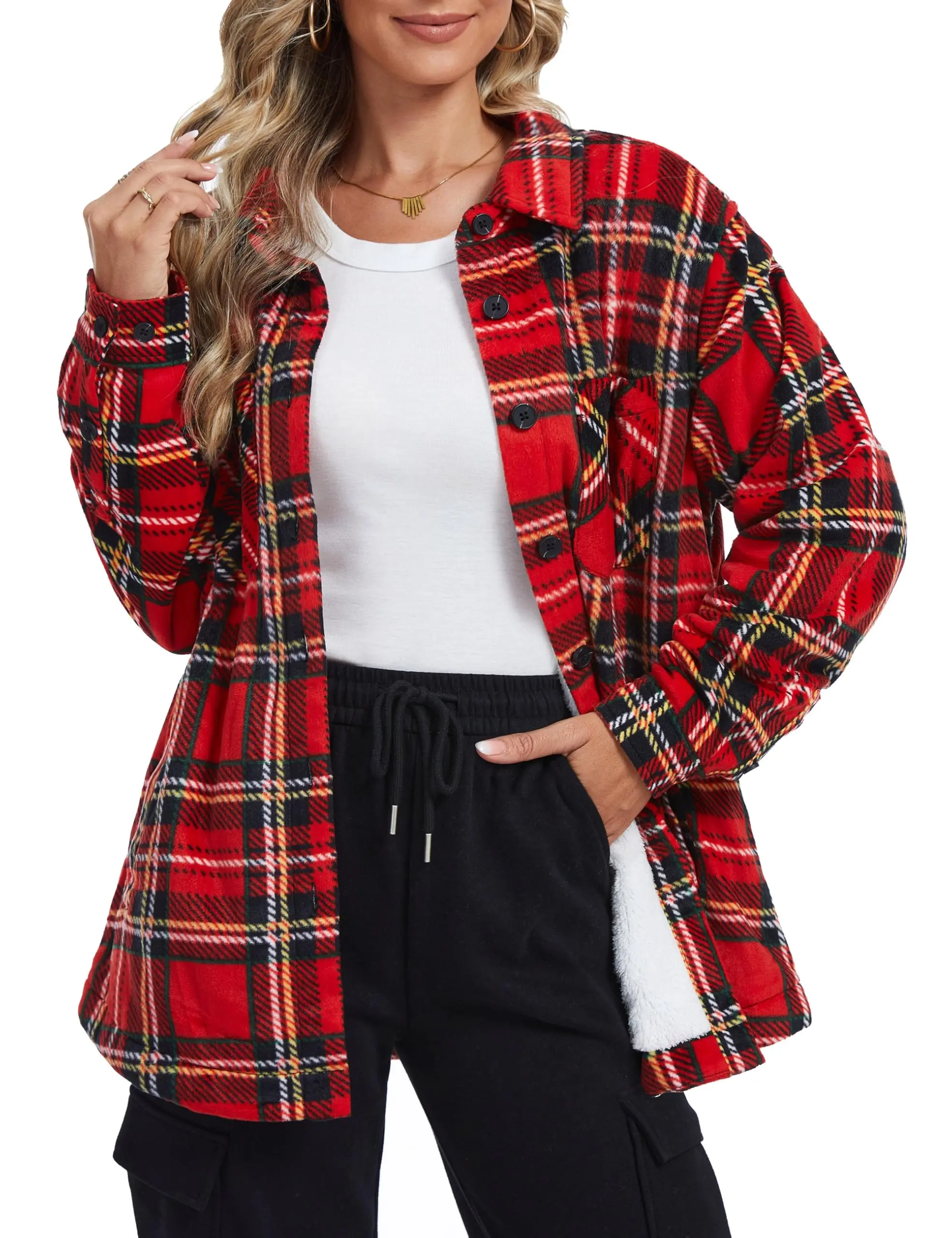 Cotrasen Womens Flannel Plaid Shirt Sherpa Fleece Lined Jacket with Pockets | Fall winter sherpa fleece lined womens jacket plaid flannel shacket button down with chest pockets, casual daily wear outdoor