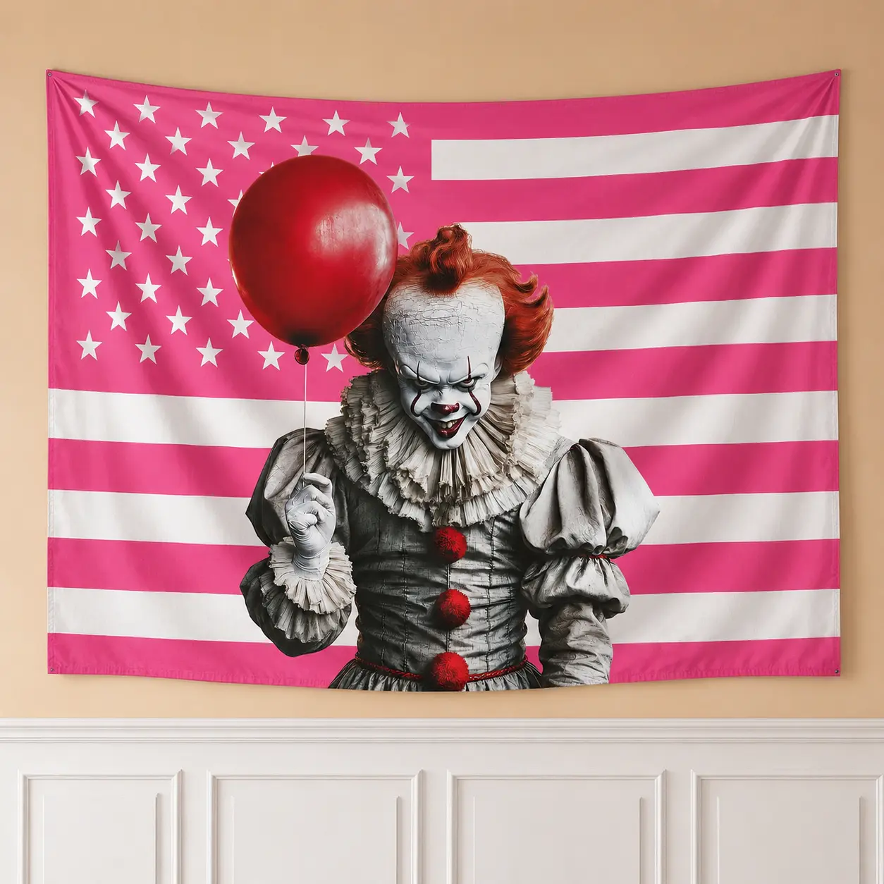 Pink USA Style Flag Scary Clown Tapestry Wall Hanging Halloween Gothic Bedroom Decor Polyester Wall Art Gift for Horror Aesthetic Lovers