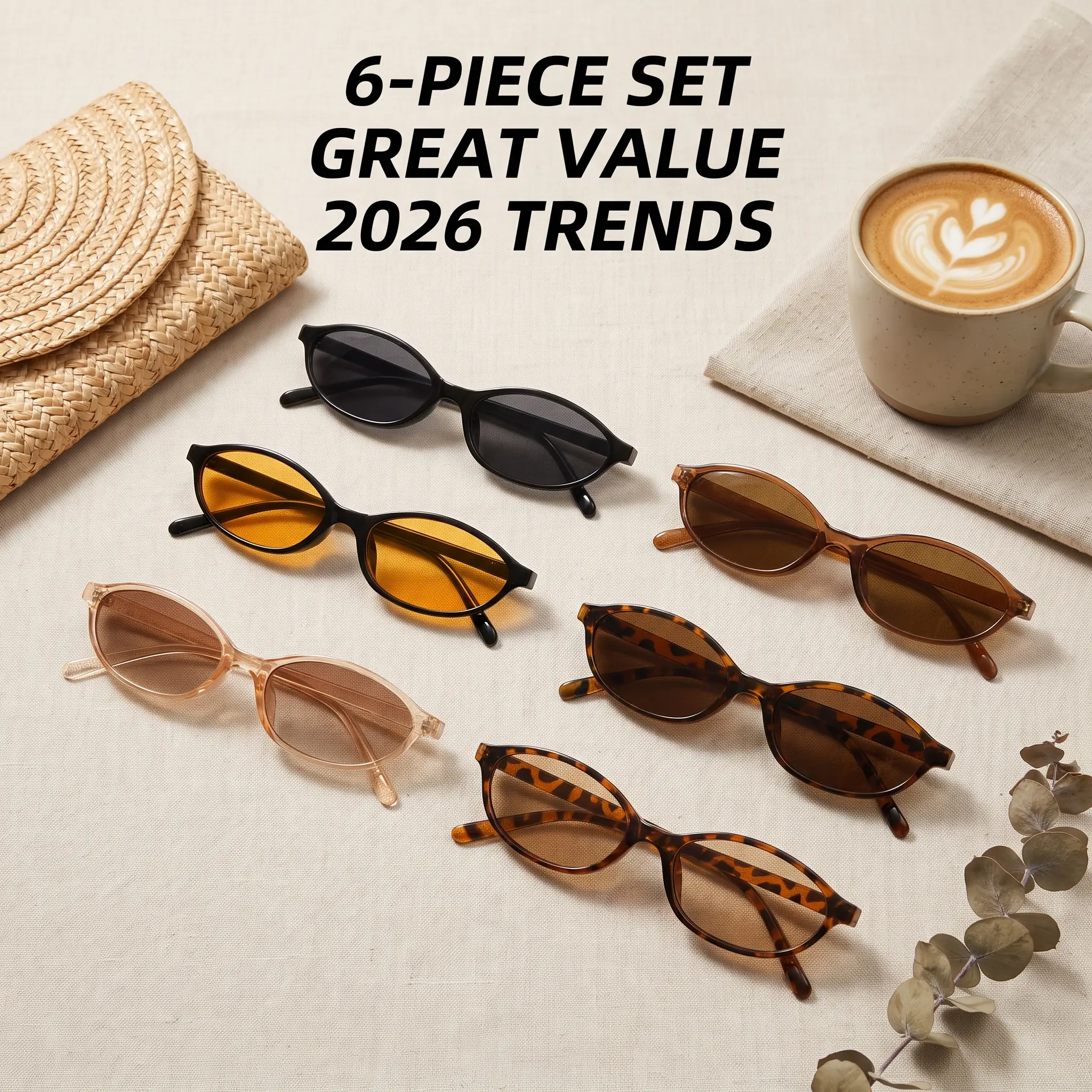 Retro Oval Sunglasses for Women 6 Pack, 90s Style Chic Narrow Plastic Shades with Dark Lenses and UV400 Protection, 1990S Style Women's Sunglasses, 90S Inspired Women's Sunglasses, Narrow Shades