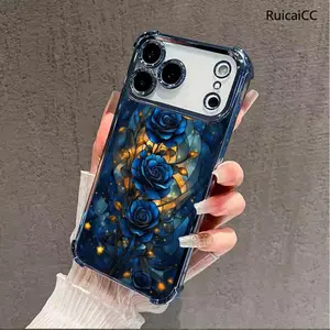 Blue Flowers Pattern Phone Case for iPhone 17 Pro Max 16 15 Plus Air 14 13 12 11 Electroplated Cover with Airbag Shockproof Soft Silicone Casing Screen Protector
