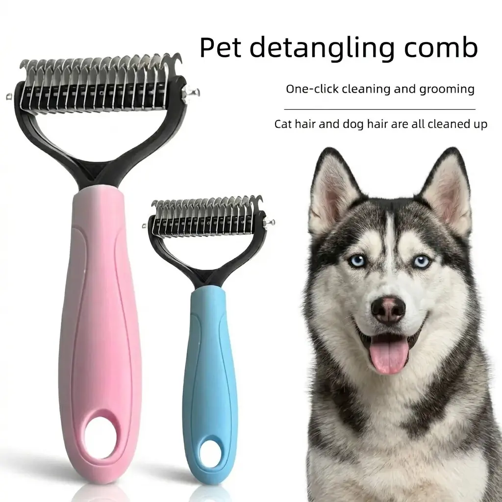 Universal 2-Piece Pet Grooming Deshedding & Slicker Brush Set - Stainless Steel Dual-Sided Detangling Comb, Skin-Safe Rounded Tips, Matted Hair Tamer, Hanging Hole, Reduces Hand Fatigue, Daily Maintenance Supplies (Blue*1+Pink*1), Detangling Hair