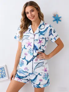 Women's Sleepwear Set Cartoon Pattern, Loose Fit Comfortable Short Sleeve Pajamas, Casual Home Wear Loungewear for Ladies