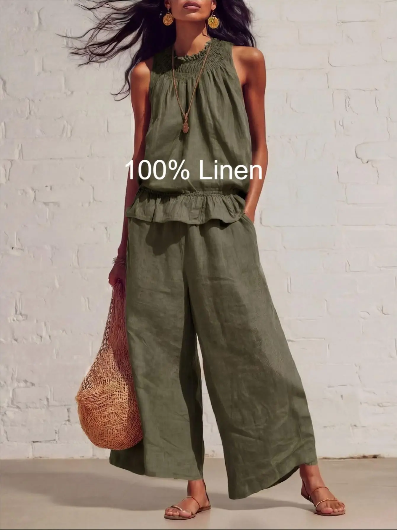 Ladies elegant temperament in spring and summer commuting fashion relaxed retro Bohemian style ruffled cotton and linen two-piece suit.