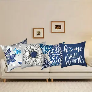 4 Pieces Pillow Cases 18x18 Inch Grey Decorative Throw Pillow Cover for Couch Modern Daisy Pillows Case for Living Room Cushion Bed Outdoor Navy Blue and Gray Home Decor - ONLY Cover, NO Including Pillow