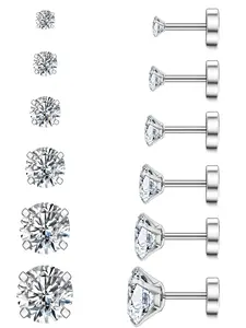 6 Pairs 20g Hypoallergenic Flat Back Earrings Silver Color Stainless Steel Studs Zirconia Birthstone Ear Piercings for Sensitive Ears Hypoallergenic CZ Earrings