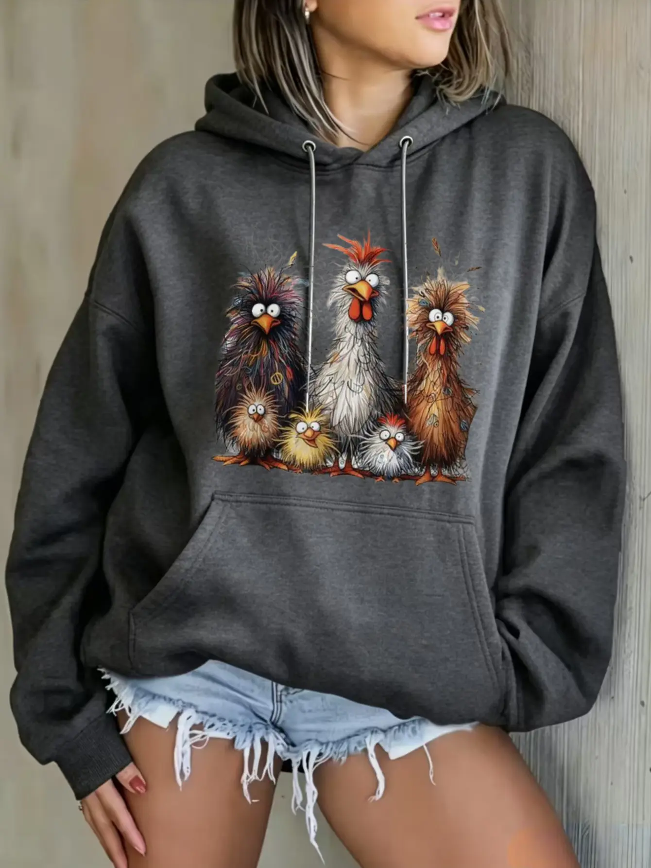 Women Funny Crazy Chicken Family Hoodie Sweatshirt Whimsical Cartoon Fluffy Chicken Farm Animal Graphic Pullover Hooded Top Fall Winter Casual Oversized Hoodie For Ladies