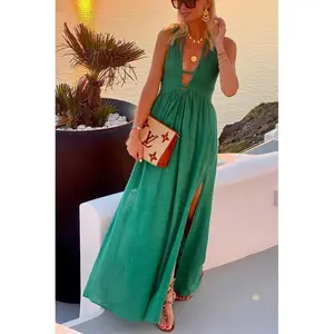 Green Slit Maxi Dress Cotton Dress
