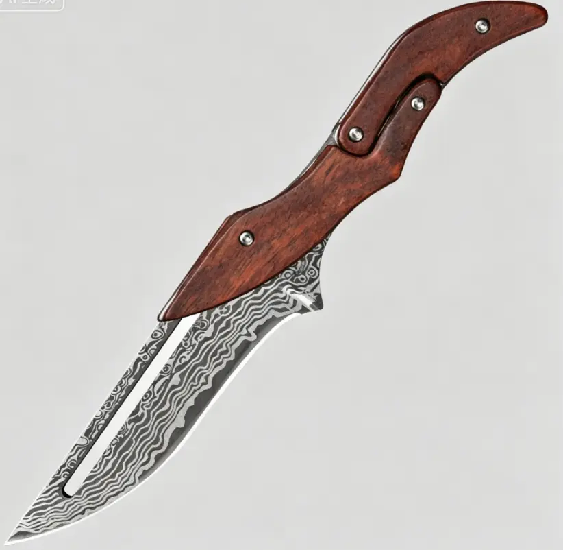 【DealsforYouDays】Damascus Steel Folding Knife with Wood Handle - Mechanical Magic Pocket Knife | Kitchen Peeling Tool & Unique Gift ，hand  push  knife all-purpose daily carry tool